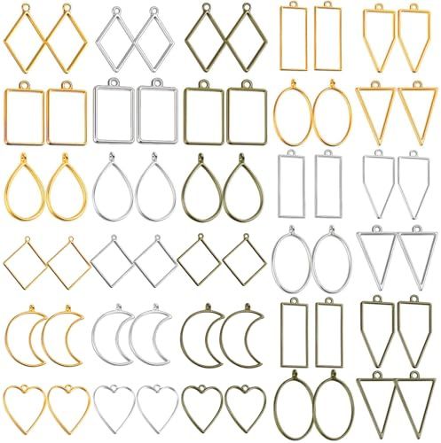 60pcs Geometric Alloy Pendant Frames & UV Epoxy Resin Mould Kit Mixed Shapes DIY Jewellery Making Supplies, Metal Blanks for Earrings, Necklaces, Keychains Crafts Gift