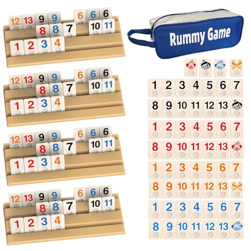 Weciau Rummy Spiel, Rummy Set mit 112 Spielsteinen 4 Stände 1 Aufbewahrungstasche, Leicht Verständlich, Tragbarer Brettspiel für 2-4 Personen Erwachsene und Kinder