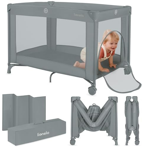 LIONELO Amelie Resesäng för Baby – Kompakt & Lätt Spjälsäng 100,5×70,5 cm | 7 kg Hopfällbar, med Madrass, 2 Hjul, Luftiga Meshsidor & Sidointräde, Stabil Stålram, upp till 15 kg, med Väska