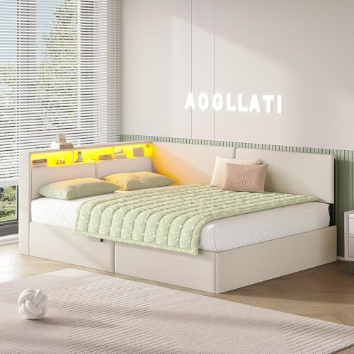 AOGLLATI Canapé 140x200 cm con Almacenamiento Hidráulico, Sofá Cama Matrimonio con Cabecero Tapizado y Luz LED Regulable, Estructura Camas Matrimoniales con Estación de Carga, Cama Juvenil, Beige