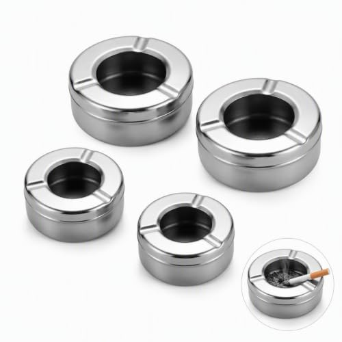 Cosiesnest 4Pcs Cigarette Ashtray, Round Windproof Stainless Steel Ashtray with Lid, Indoor Outdoor Ash Tray Set for Garden Patio Balcony Bar Home Office