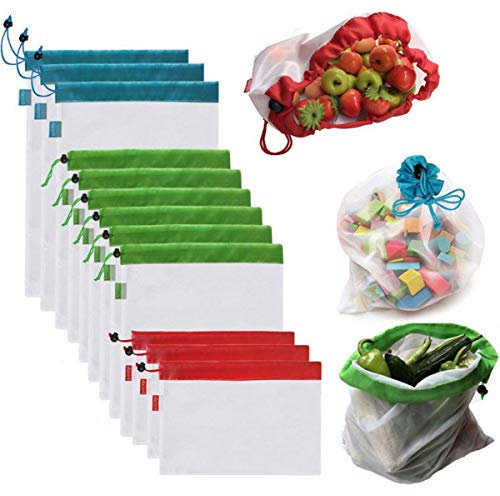OUNONA Bolsas Compra Reutilizables Ecológicas Bolsa de Malla para Almacenamiento Fruta Verduras Juguetes Lavable y Transpirable 3 Diversos Tamaños 12 Unidades