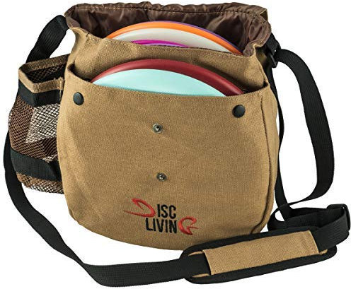 Disc Living Disc Golftasche, Frisbee Golftasche, leicht, für bis zu 10 Scheiben, Gurtband, verstellbare Schultergurt-Polsterung, doppelter Knopf auf der Vorderseite, strapazierfähiges Segeltuch, braun