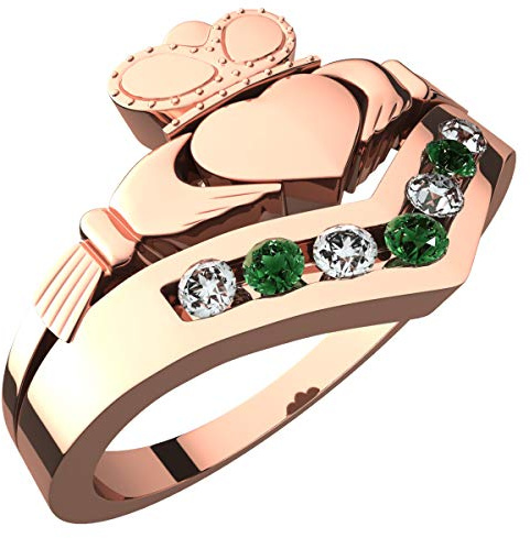 GWG Jewellery Bague Claddaghs Plaqué en Or Rose 18K Ornée De Pièrres De Vert Péridot – 7 dans Boîte Cadeau pour Femme