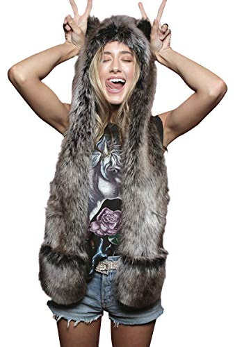 PowerKing Plush Novelty Animal Hat, 3-in-1 Faux Fur Hood Winter Warmer Cap and Stylish Full Animal Hat (Grey Wolf)