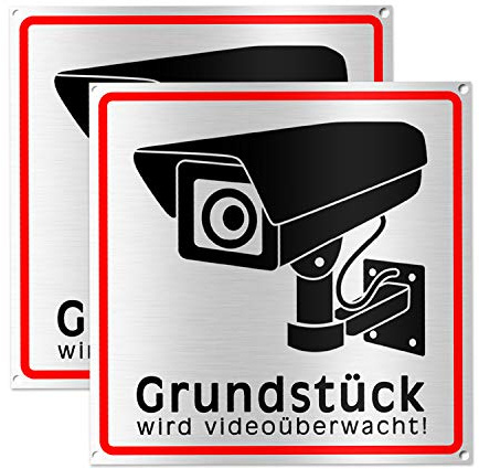 Observera videoövervakningsskylt | Skylt | Varningsskylt för kameraövervakning | Borstat aluminium | 20 x 15 cm (metall) (2 st. Se videoövervakning)