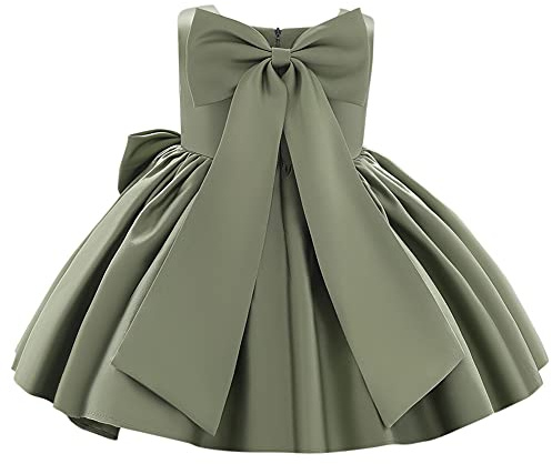 Flower Girls Wedding Dress Kids Pageant Bridesmaid Dress Baby Silky Satin Bowknot Toddler Girl Pirncess Birthday Party Christening Baptism Dresses Formal Prom Gown Sage Green - Bow 8-9 Years