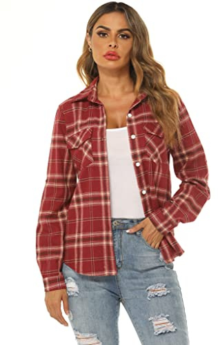 Ietaoo Chemisiers Femme Chemise à Carreaux Coton Manches Longues Flanelle Chemise Blouse Classique Décontractée Shirt pour Automne Hiver Printemps Vin Rouge M