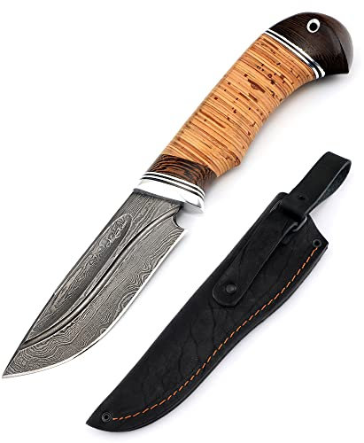Nazarov Knives Messer Cheetah mit Hohlkehlen -Jagdmesser handgemacht aus birkenrinde - hochwertiges Damastmesser mit Holzgriff & Lederscheide, extra scharfer Damaststahl