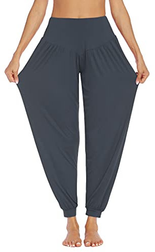 PINSPARK Sporthose Damen Lang Yogahose Haremshose Yoga Hose High Waist Pluderhose Jogginghose Große Größen Freizeithosen Grau M