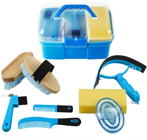 Cunhill 9 Pieces Horse Grooming Kit with Organizer – Curry Comb, Hard & Soft Brushes, Hoof Pick, Sweat Scraper, Sponge – Grooming Supplies for Horses, Riders & Beginners