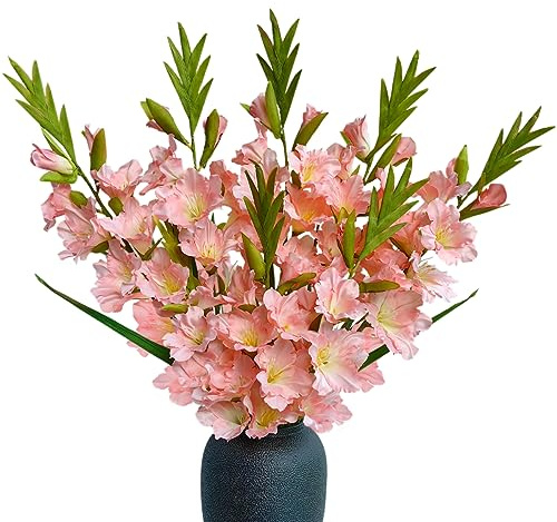Raxcelivia Pack of 6 - Gladiolus Flowers Artificial Orchid Plants Long Silk Flower Stems Vase Table Kitchen Home Garden Party Wedding Decoration (Pink)
