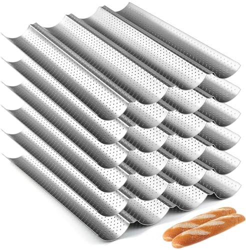 Mifoci 6 teglie antiaderenti per baguette, 38,1 x 33 cm, in acciaio al carbonio, forate a 4 onde, vassoio per pane per pane francese, argento