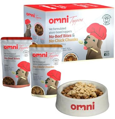Omni Wet Dog Food Toppers - Dragon’s Den Winners, Vet-Formulated Pouches to Use as Dog Treats or a Topper on Dry Food, Tasty Chunks in Gravy, 4 Months Plus - x4 No Beef Bites x4 No Chick Chunks