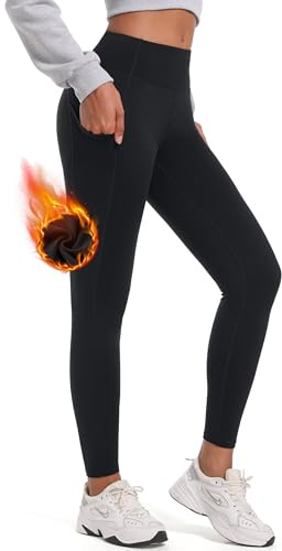MOVE BEYOND Thermo Leggings Damen 66CM Winter Gefüttert Wanderleggings mit Taschen Hohe Taille Blickdicht Strumpfhose für Sport, Schwarz, Medium