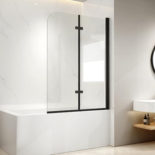 EMKE Shower Screen for Bathtub 120 x 140 cm Black Bath Attachment 2-Piece Foldable Bath Shower Screen 6 mm Safety Glass Shower Enclosure Bath