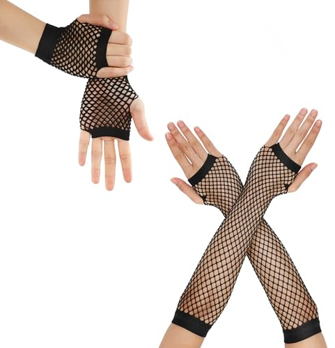 HekouJiub 2 Paar Netzhandschuhe Damen Fischnetz Handschuhe Halloween Armstulpen Schwarz Lange und Kurz Fingerlose Handschuhe Netzgewebe Tanzhandschuhe für 80er 90er Jahre Party Abendparty