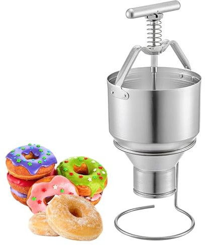 Manual Donut Depositor, Stainless Steel Donut Makers Dropper Plunger Dough Batter Dispenser Hopper with Stand, 6 Thicknesses Adjustment
