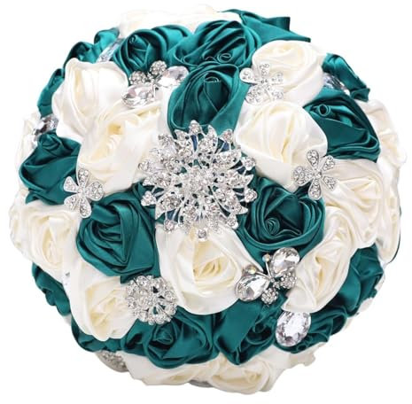 Bouquet da sposa in raso fatto a mano, con strass e perle, 20 cm, bouquet da sposa artificiale per sposa, damigelle d'onore, fotografia, 17 colori (verde scuro + latte)