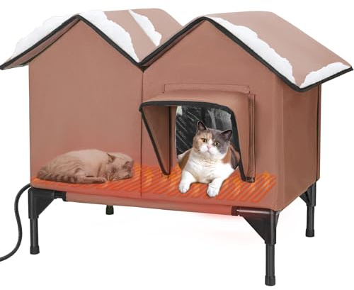 Heated Cat House, Large Heated Outdoor Cat House Weatherproof for Winter, Elevated Waterproof Insulated Cat Houses for Outdoor Cats, Comfortable and Warm Feral Cat Shelter (Tan)