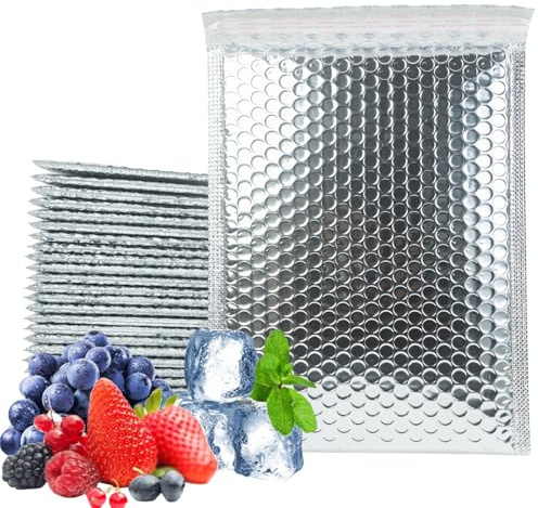 50 Pack 8x10 Inch Thermal Insulated Bubble Mailers for Cold Shipping, Metallic Silver Foil Padded Envelopes, Self-Seal Water-Resistant Cushioned Shipping Bags