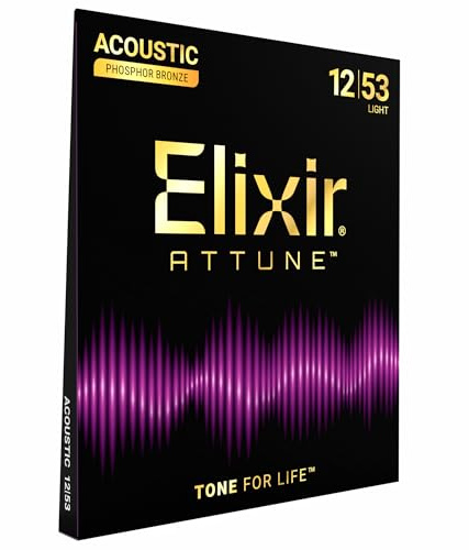 Elixir Strings, ATTUNE Acoustic Guitar Strings, Phosphor Bronze, Longest-Lasting Crisp and Clear Tone with Natural Feel, 6 String Set, Light 12-53