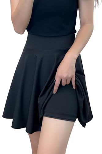 Alexis Leroy Gonna a Sbuffo Plissettata per Donna, Lunghezza Midi A-Line con Shorts Integrato – Modello Romantico, Effetto Snellente, Antiscivolo Nero L