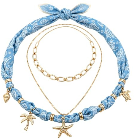 Vesavifaka Colourful Scarf Necklace with Shell and Starfish Charms, Boho Jewellery for Women, Summer Bandana, Ocean Sea Shell Fish Necklace, Beach Holiday Jewellery