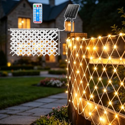 Calenxy 3 x 2M LED Solar Lichternetz 192 Solarleuchten Außen mit Fernbedienung Timer 8 Modi, IP44 Wasserdicht Solar Baum Lichterkette Netzlicht Mesh Lichtervorhang Warmweiß für Garten Balkon
