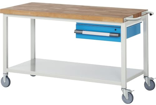 eurokraft | pro | Fahrbare Werkbank Serie 8000 | Gestellbauweise | 1 Hängeschublade | Ablageboden | BxT 1500 x 700 mm