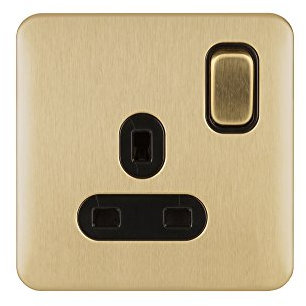 Schneider Electric Lisse Screwless Deco GGBL3010DBSB Prise de courant simple avec interrupteur 13 A Double pôle Laiton satiné avec insert noir