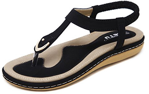 CARETOO Sandales Femme Plates Été Bohème PU Tongs Élégant Confortable Plage Sandales Souple Pantoufles (Noir, 43)