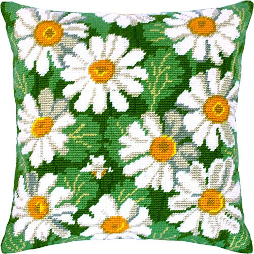 Brvsk Daisies. Embroidery Kit w/Printed Tapestry Canvas (40 × 40 cm) — Embroidery Cushion Kit for Creative Home Décor — Needlework Kit for Adult Beginners