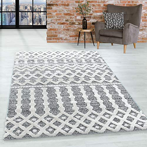 HomebyHome Teppich Wohnzimmer Hochflor Shaggy Teppich Ethno Design 80x250 cm Läufer Flur Teppich Grau - Teppich für Schlafzimmer Esszimmer Küche Boho Teppich Weich Flauschig Pflegeleicht Küchenläufer