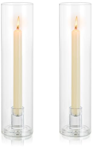 Inweder Glass Hurricane Candle Holder: Candlestick Holders for Wedding Table Centrepieces Clear Taper Candle Holder with Cylinder Shade for Christmas Party Event Home Decor, 2 Pcs