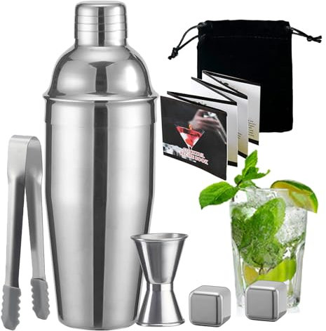 CKductpro Cocktail Shaker Set, 6 Stück Edelstahl Barkeeper Kit mit 2 EIS Stein Messbecher Cocktail Löffel Samt Tasche, Cocktail Making Set Bar Tool Kit für Home Party Geburtstag, Jahrestag