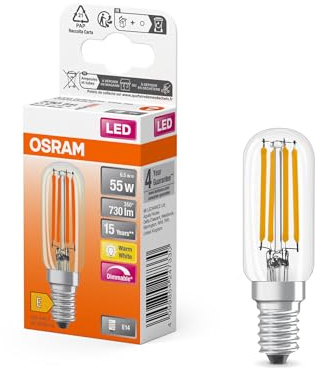OSRAM LED Special LED-lampa i droppform, klar, flerfärgad, 6,5 W, 730 lm, 2700 K för varmvitt ljus, E14-sockel, 25 mm diameter, EEK E, dimbar, 6-pack