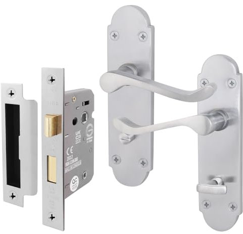 EAI Satin Bathroom Door Handle Set - Victorian Scroll Shaped | 1 Pair of Internal Satin Chrome Lever Handles on Backplate with Lock (64mm)