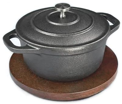 HAWOK Cast Iron Mini Round Cocotte, Dia.4.8 inch, 0.5 QT Mini Dutch Oven with Lid and wooden Underliner, Pre-seasoned
