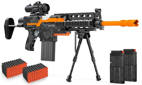Elektrisches Spielzeuggewehr für Nerf Sniper mit Zielfernrohr, 3 Modi, wiederaufladbar, mit Zweibein, 2 Magazinen & 100 Darts – Geschenk für Jungen ab 6 Jahren
