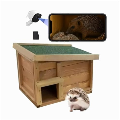 Maison intelligente pour hérisson avec caméra HD – Nichoir de jardin avec vision nocturne, détection de mouvement et diffusion en continu d'applications – Design résistant aux intempéries et câble de