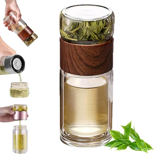 Glasinfusioner, 2025 uppgraderad 3-i-1 smart teinfusioner, prova teava tesil med lock, varm eller kall redo, flip-& bryggdesign, för blommande och lösa blad te och kaffe (trä, 420 ml)
