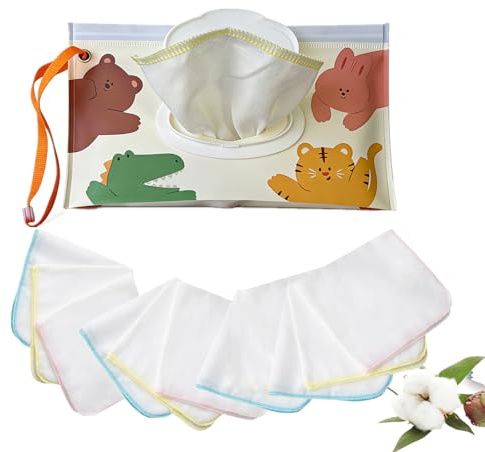 HB.YE Confezione da 10 panni riutilizzabili in cotone per bambini e custodia da viaggio impermeabile | Custodia portatile in silicone per salviette umidificate con design zoo | Asciugamani per il viso