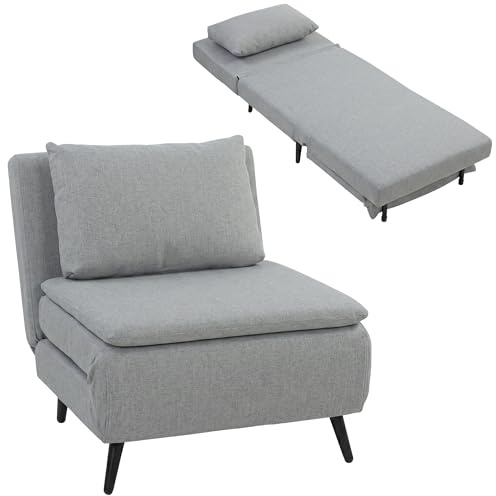 HOMCOM Poltrona Letto Singola 3 in 1 in Tessuto Effetto Lino con Cuscino, Divano Letto Salvaspazio Reclinabile 3 Livelli, Seduta Imbottita, Struttura Eucalipto, Soggiorno, Grigio Chiaro
