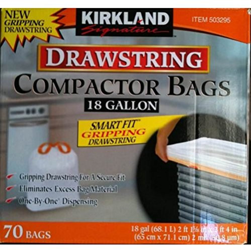 Kirkland Signature Compactor Bags, 18 Gallon, Smart Fit Gripping Drawstring, White, 1 Pack (70 Count)