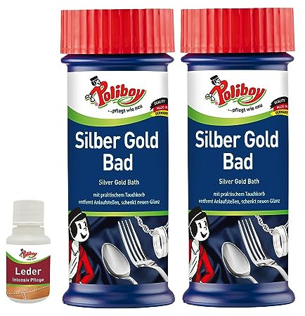 POLIBOY Silber Gold Bad - Reinigungsbad für angelaufenen silbernen und goldenen Schmuck, Ketten und Besteck - 2x 375 ml - Mit Produkt-Probe - Made in Germany