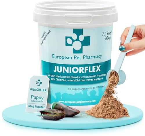 European Pet Pharmacy JUNIORFLEX 204g in Polvere - Integratori per Cani e Gatti Giovani, Integratori per Cani per Articolazioni Cozze Verdi, Vitamina C, Età 4-18 Mesi