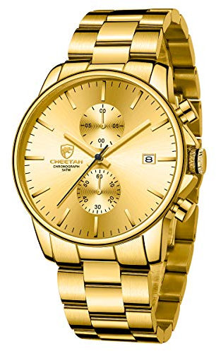 Affute Herrenuhr mit Edelstahl und Metall Casual Chronograph Quarz wasserdichte Uhr (Gold)