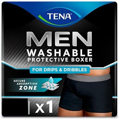 TENA Men - Washable Protective Pants - Soft, Comfy and Secure Boxers for Drips and Dribbles - Invisible Protection, Classic Cut - Light Absorption - Pack of 1 - Black - Size M