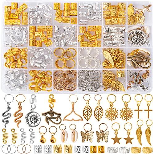 Vaikby 201PCS Hair Jewelry Beads for Braids, Gold and Silver Hair Dreadlock Accessories, Metal Hair Rings, Hair Charms Pendants, Braid Cuffs Clips Accessories， Loc Jewelry for Women Braids Decoration